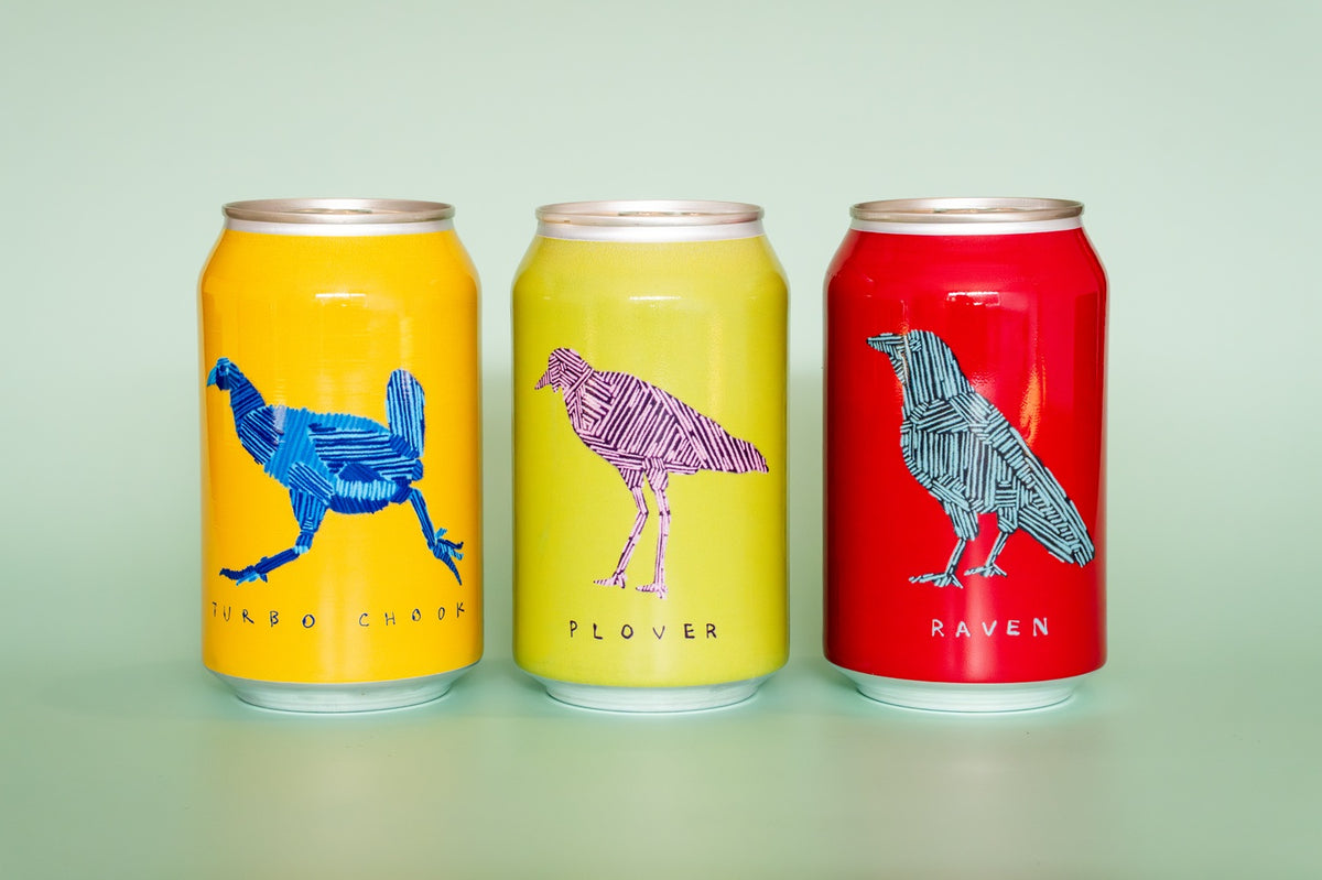 Three cans of Mr Bridges cider with artwork displayed, Turbo Chook, Plover, Raven