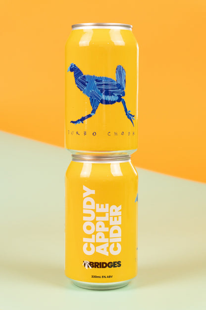Mr Bridges Cloudy Apple Cider, two cans stacked showing product name and 'Turbo Chook' artwork.