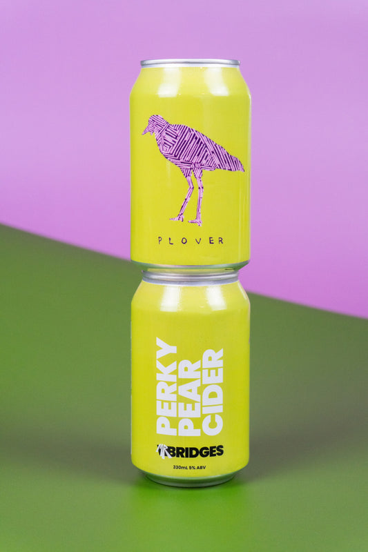 Two stacked cans of Mr Bridges Perky Pear Cider. Green cans with Plover artwork on one window and product description on the other. 
