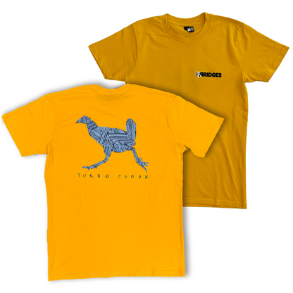 Mr Bridges branded tshirt is yellow with blue turbo chook artwork on back, Mr Bridges logo on front. 